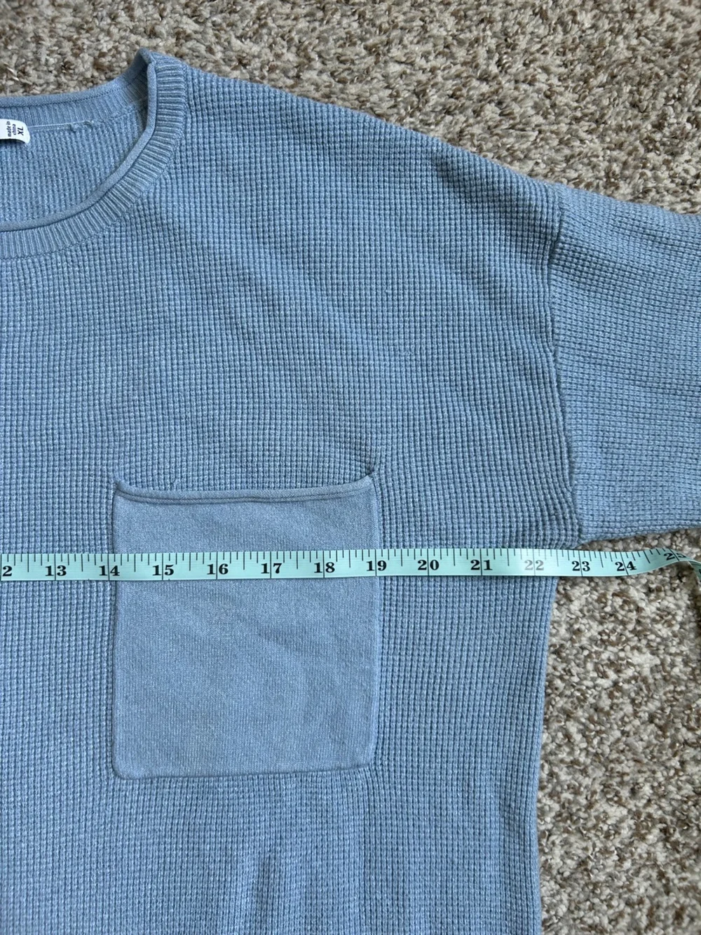 Staccato Light Blue Crewneck Waffle-Knit Sweater with Chest Pocket Casual Comfy